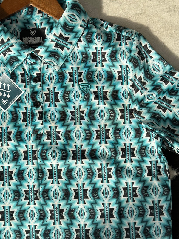 ROCK&ROLL TURQUOISE PRINTED AZTEC POLO SHORT SLEEVE SHIRT 3966