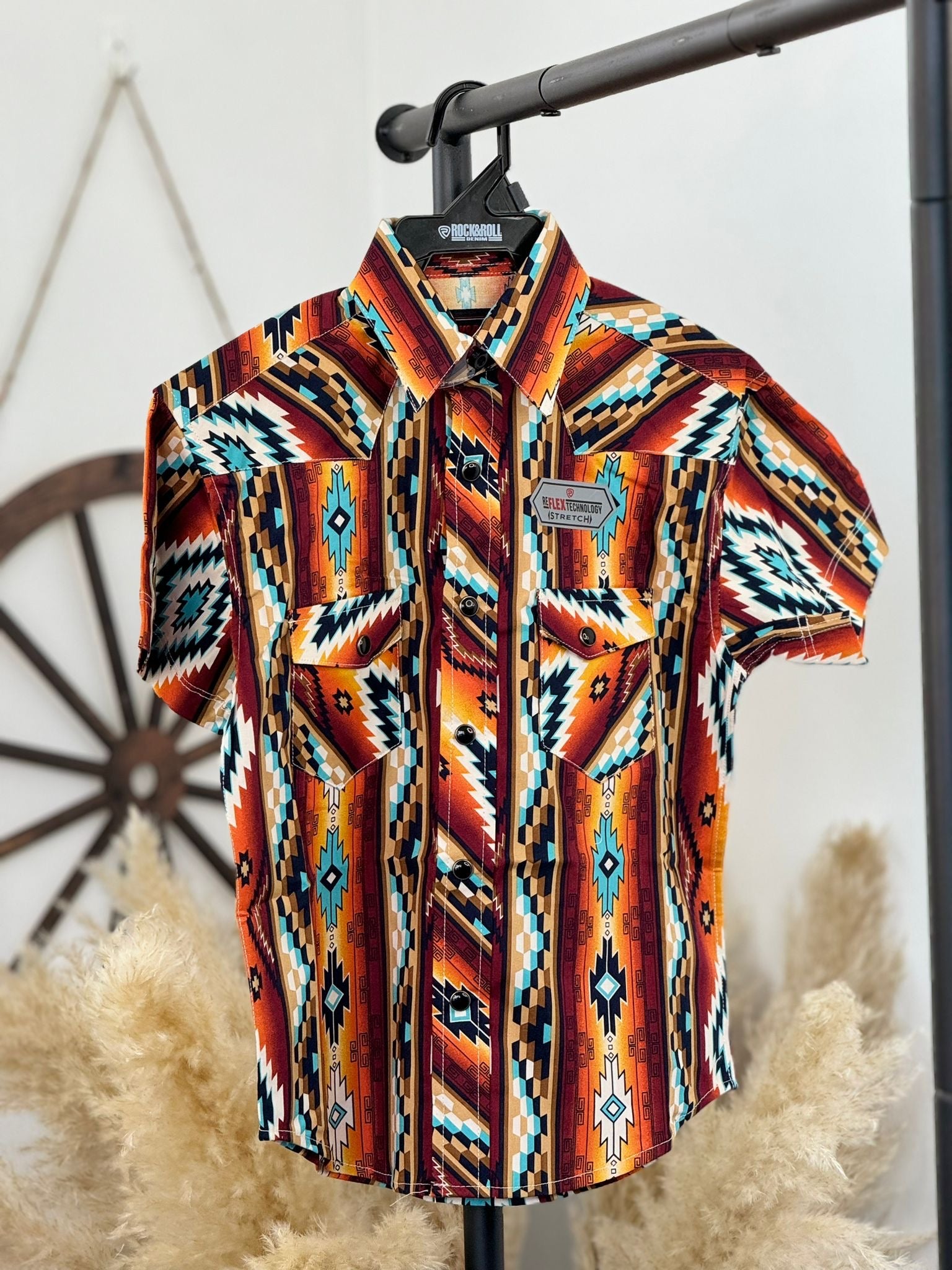 ROCK&ROLL BOYS ORANGE TWO POCKET AZTEC SNAP SHORT SLEEVE SHIRT