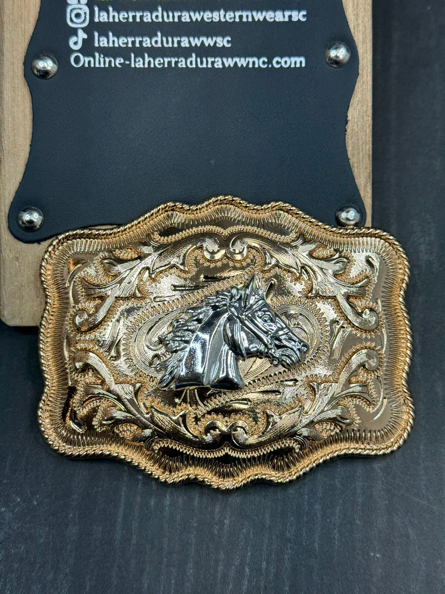 SQUARE DETAIL GOLD SILVER HORSE BUCKLE