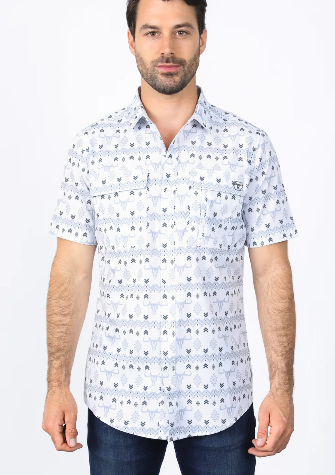 Platini Mens Performance Classic Fit Western White Short Sleeve Aztec Print Shirt - 0460