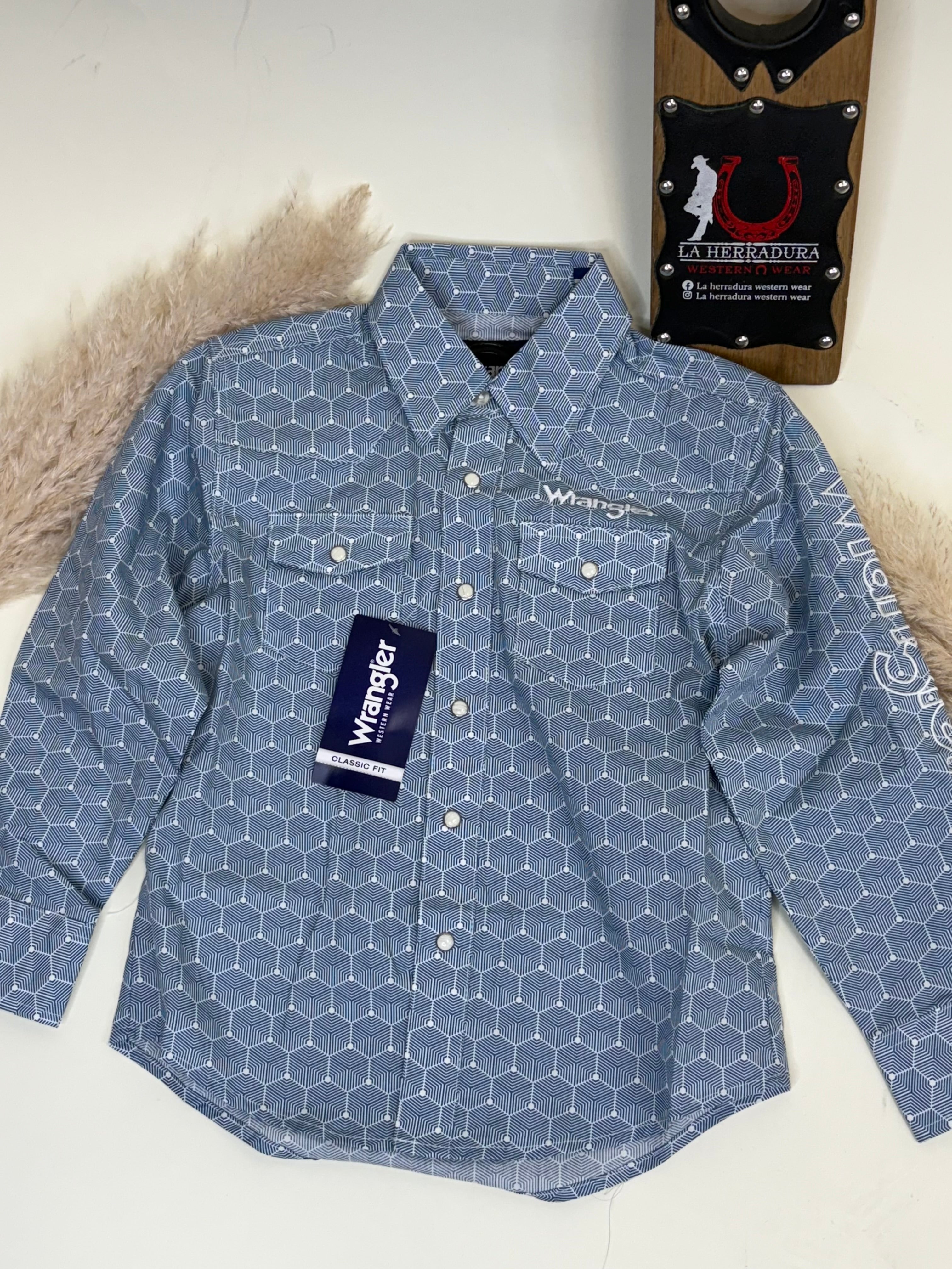 WRANGLER BLUE HEXAGON WITH WHITE LONG SLEEVE SHIRT