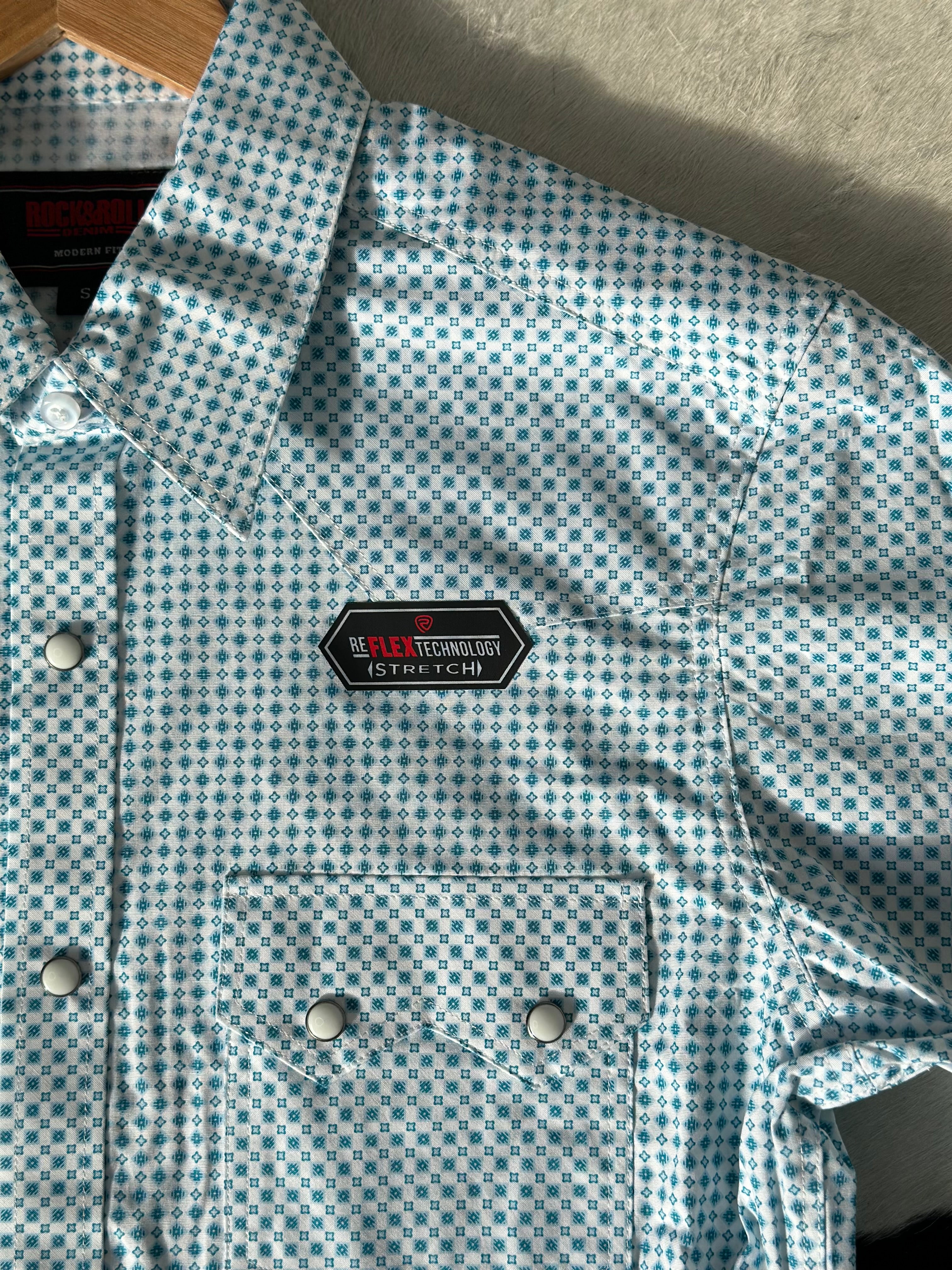 ROCK&ROLL BLUE TURQUOISE DIAMOND SNAP SHORT SLEEVE SHIRT