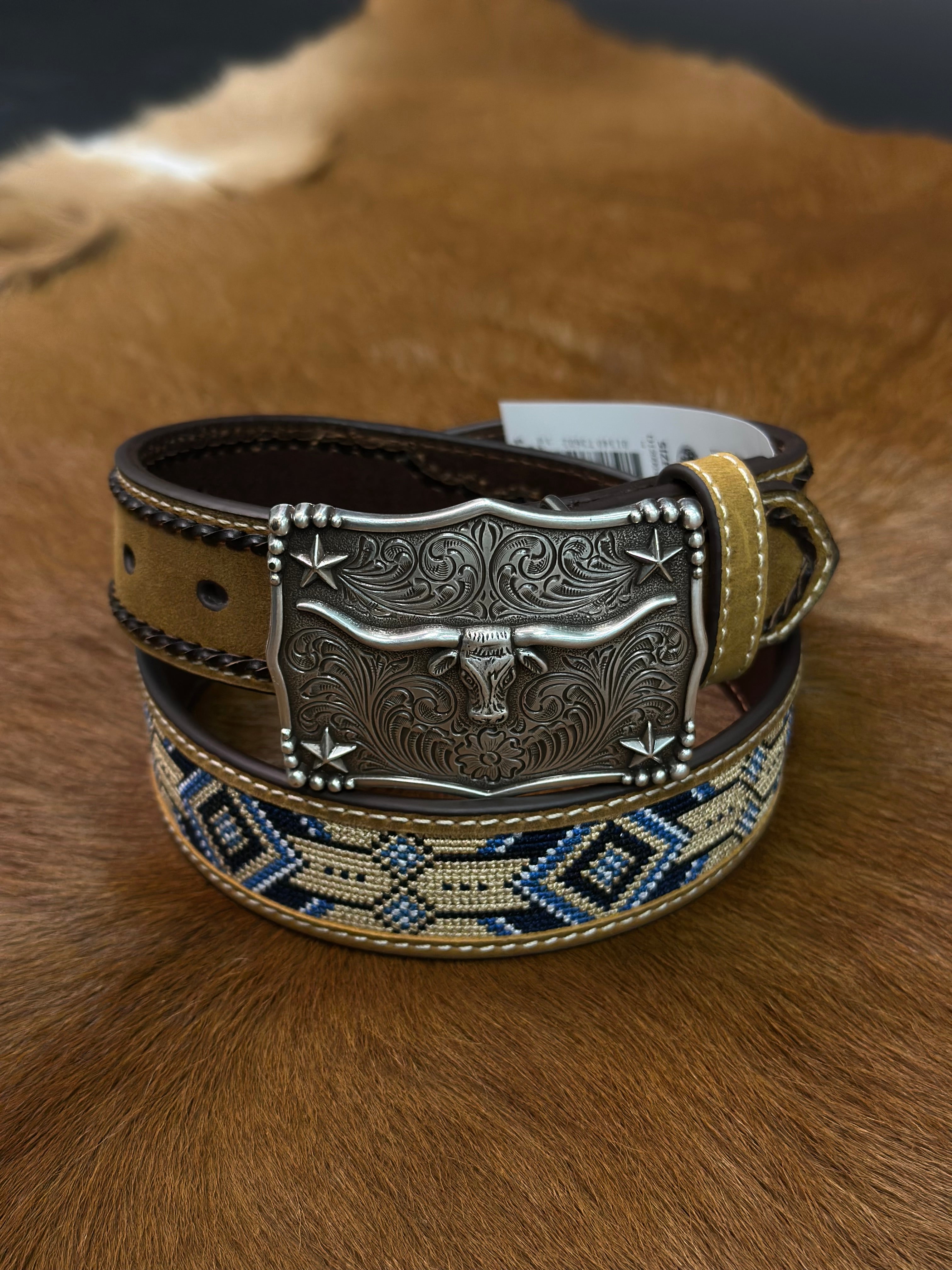 3D BELTS BOYS BROWN WITH BLUE AZTEC STITCHING- D120003002