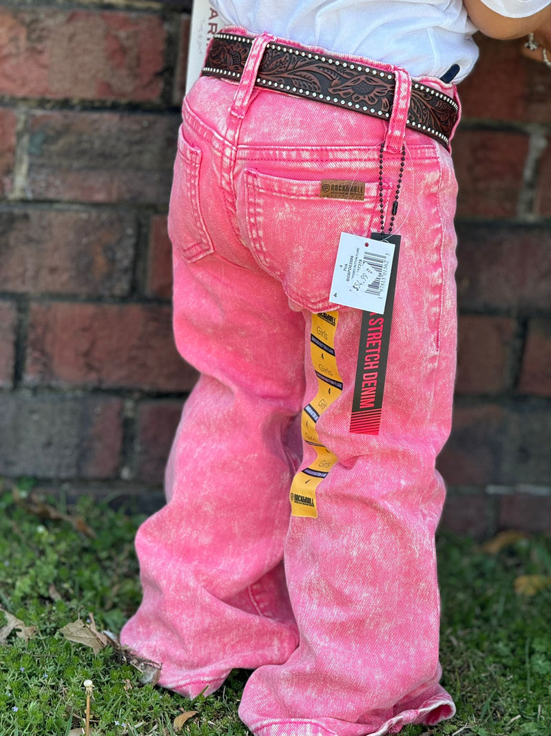 ROCK&ROLL PINK DISTRESSED BUTTON FLARE GIRL JEANS