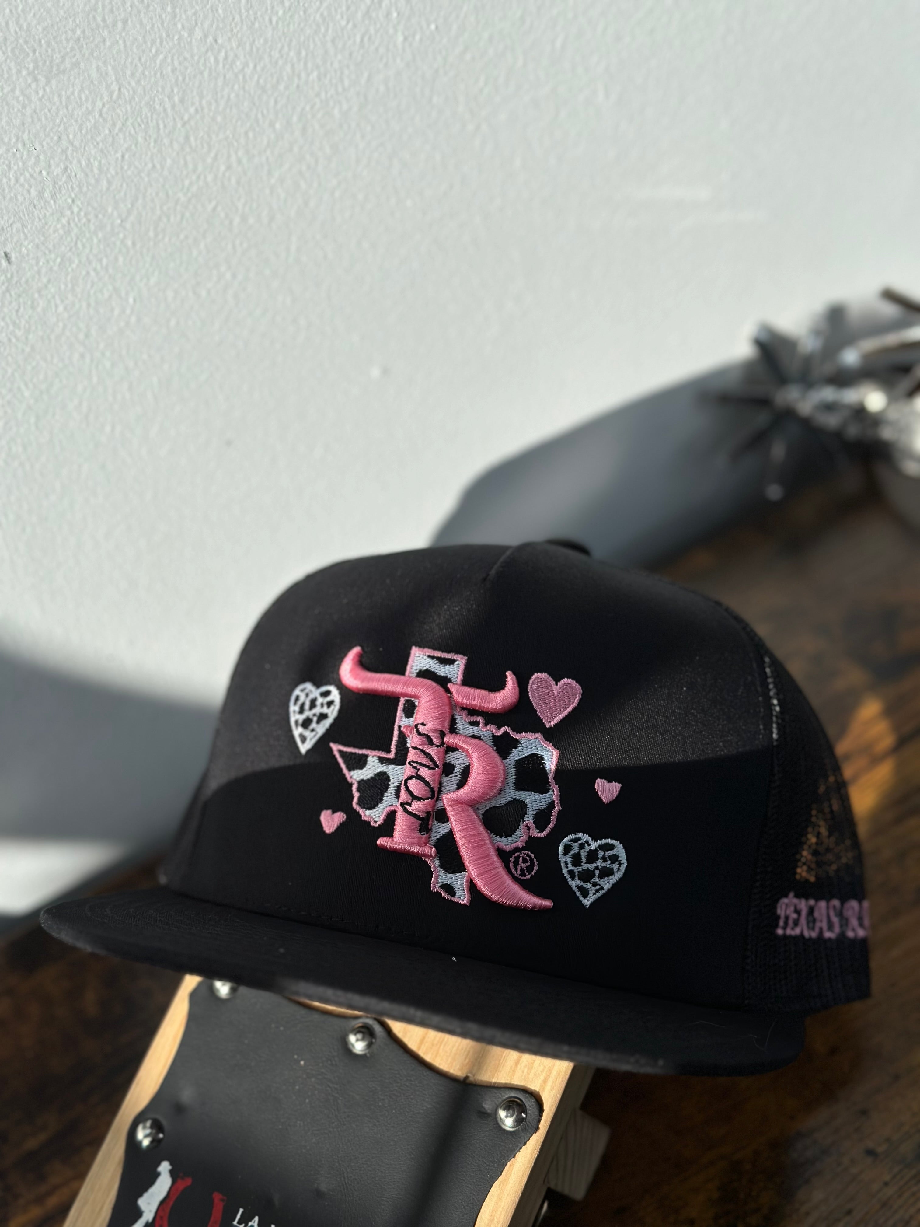 TEXAS RANCH ALL BLACK COW PRINT LOVE CAP