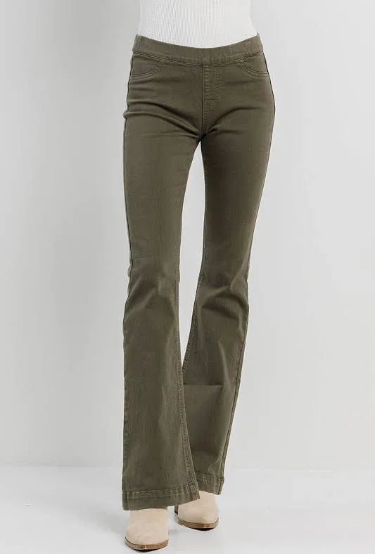 CELLO HIGH RISE OLIVE GREEN FLARE JEAN