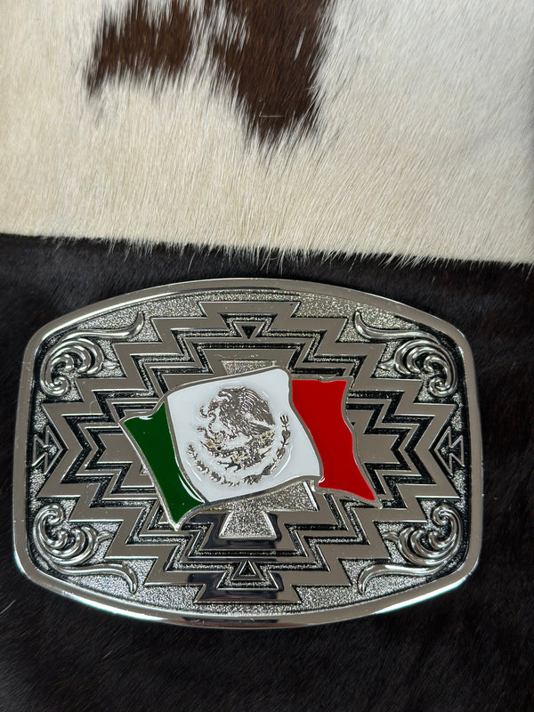 SQUARE ROUND MEXICO FLAG SILVER BUCKLE