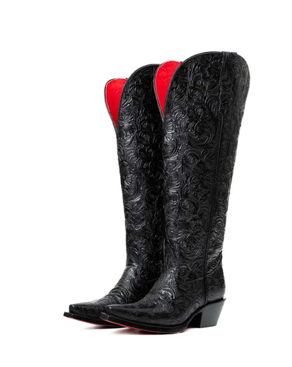 BOTA ALTA DE MUJER ROCKEM NANCY HD CINCELADO NEGRO PUNTA CUADRADA SUELA ROJA