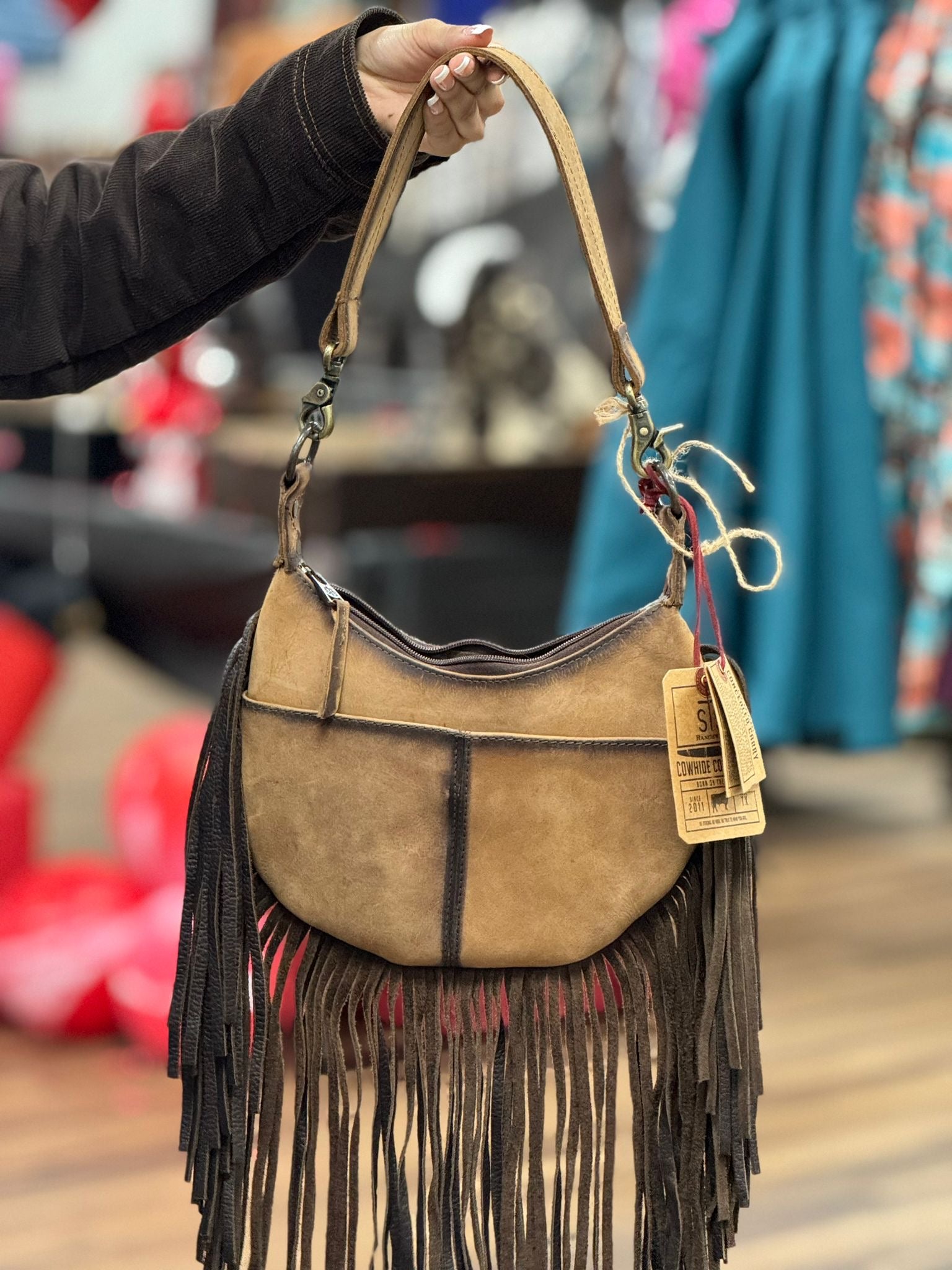 STS RANCHWEAR COWHIDE BLACK & WHITE NELLIE FRINGE BAG