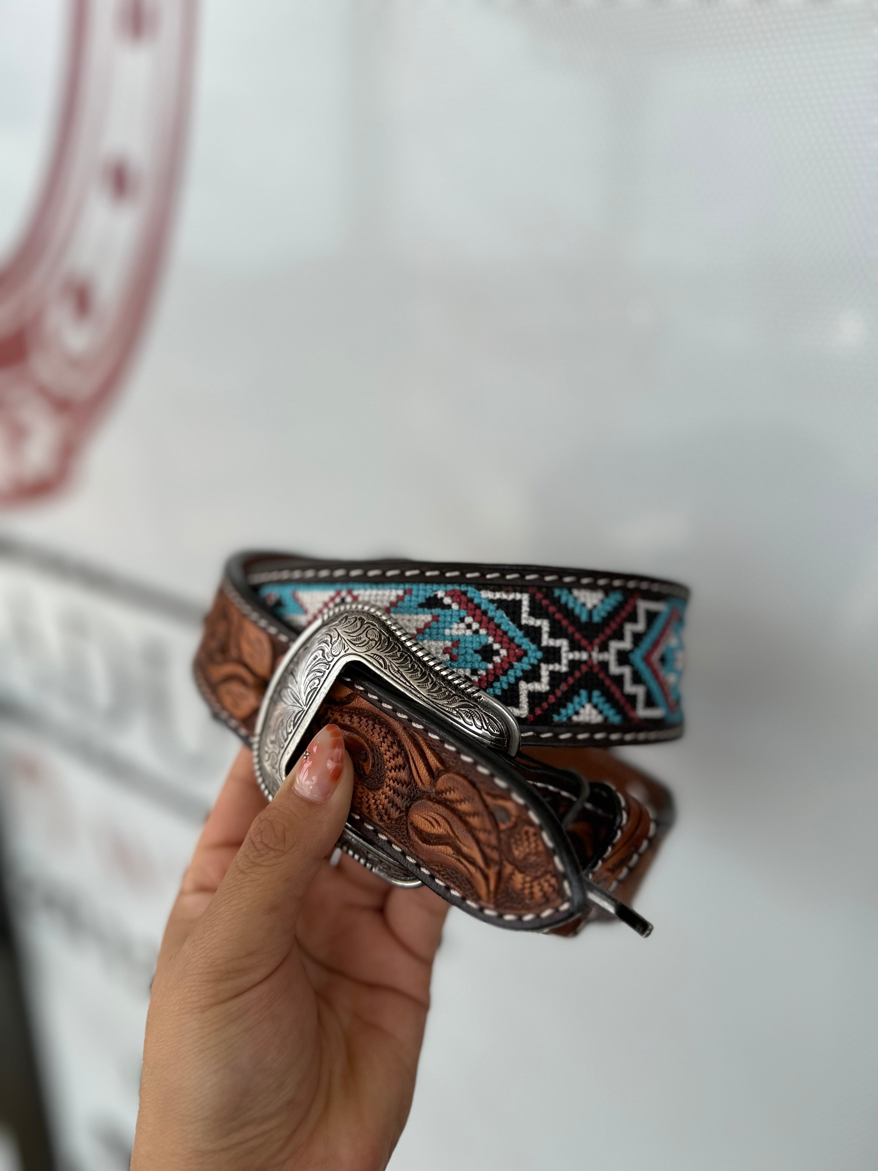 3D AZTEC OCEAN HAND TOOLED BELT