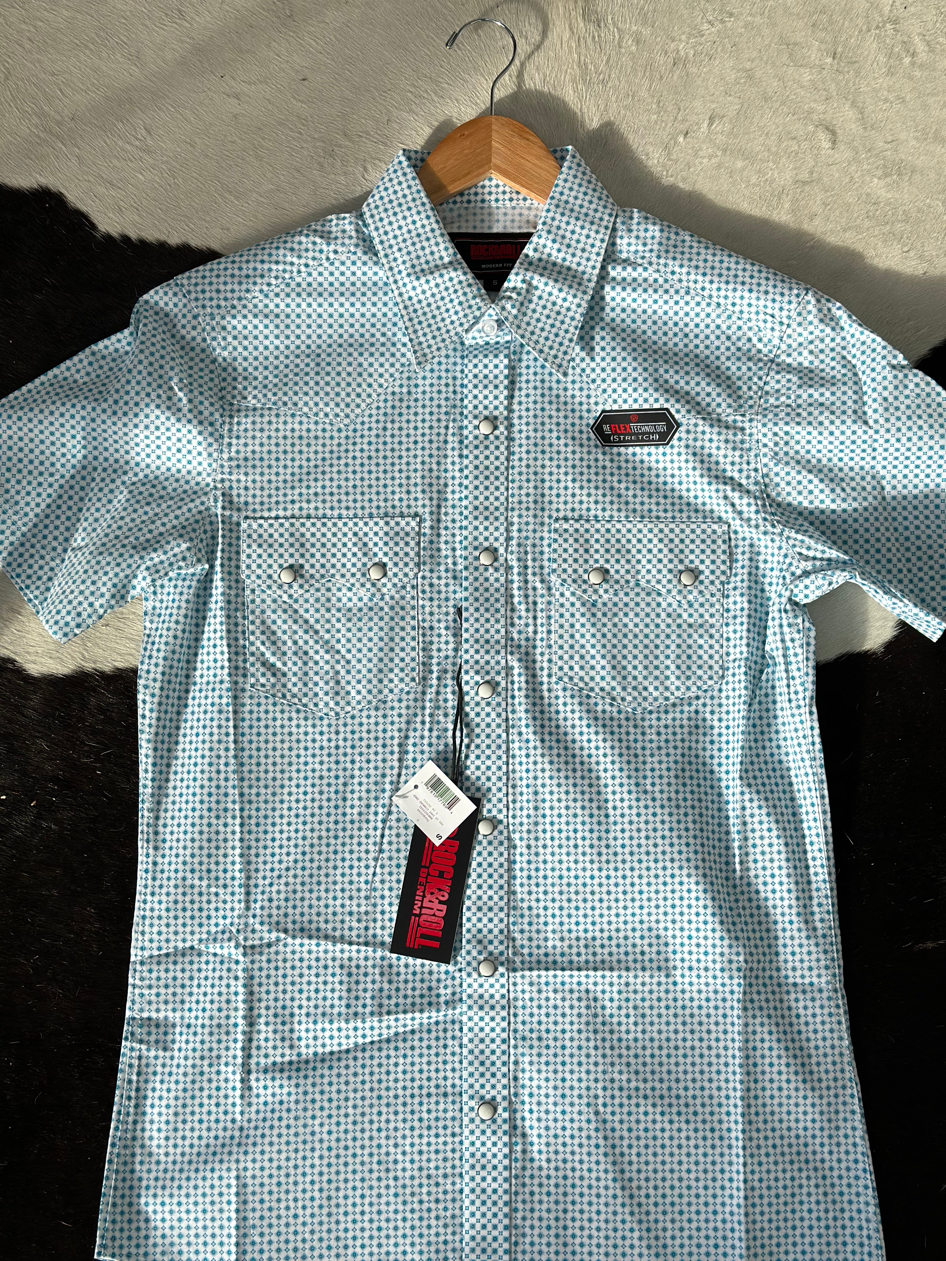 ROCK&ROLL BLUE TURQUOISE DIAMOND SNAP SHORT SLEEVE SHIRT