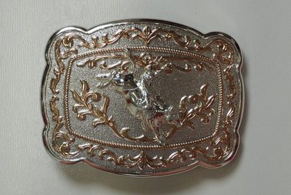 SILVER & GOLD BULL RIDER ROUND BUCKLE