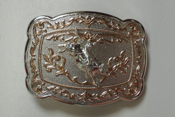 HEBILLA REDONDA DE JINETE DE TOROS PLATA Y ORO