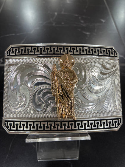 RECTANGLE SILVER BUCKLE WITH GOLD SAN JUDAS BLACK TRIM