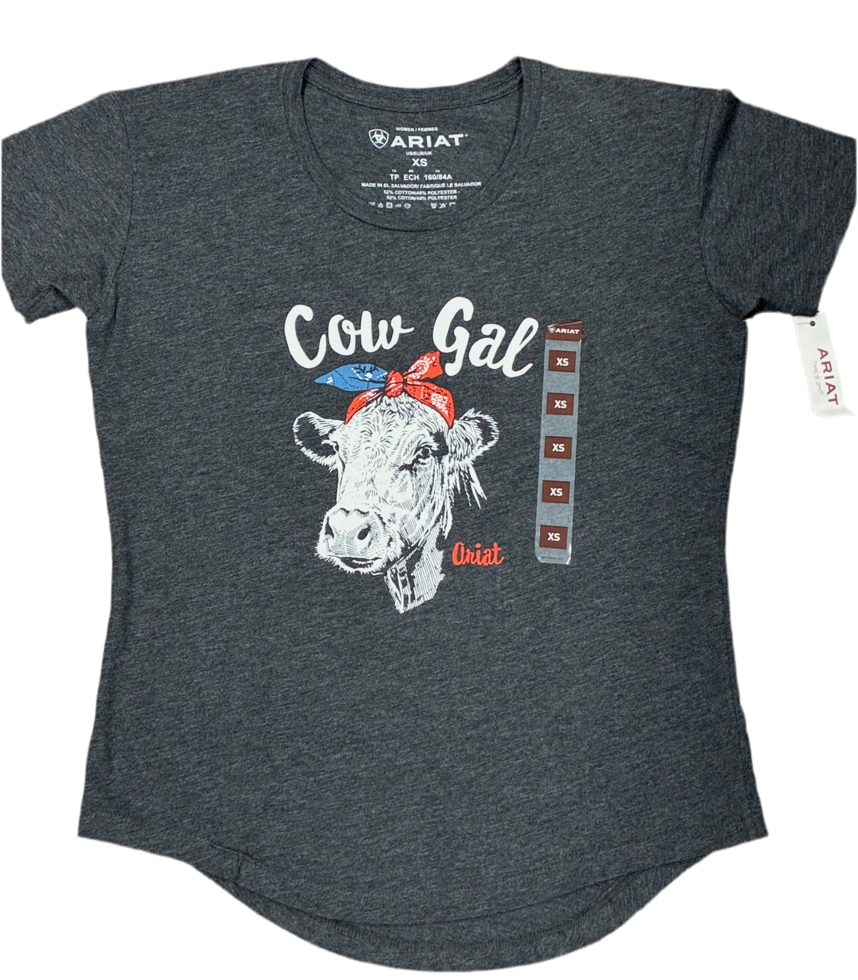 ARIAT WOMEN T-SHIRT SHORT SLEEVE COW GIRL CHARCOAL HEATHER 10042716