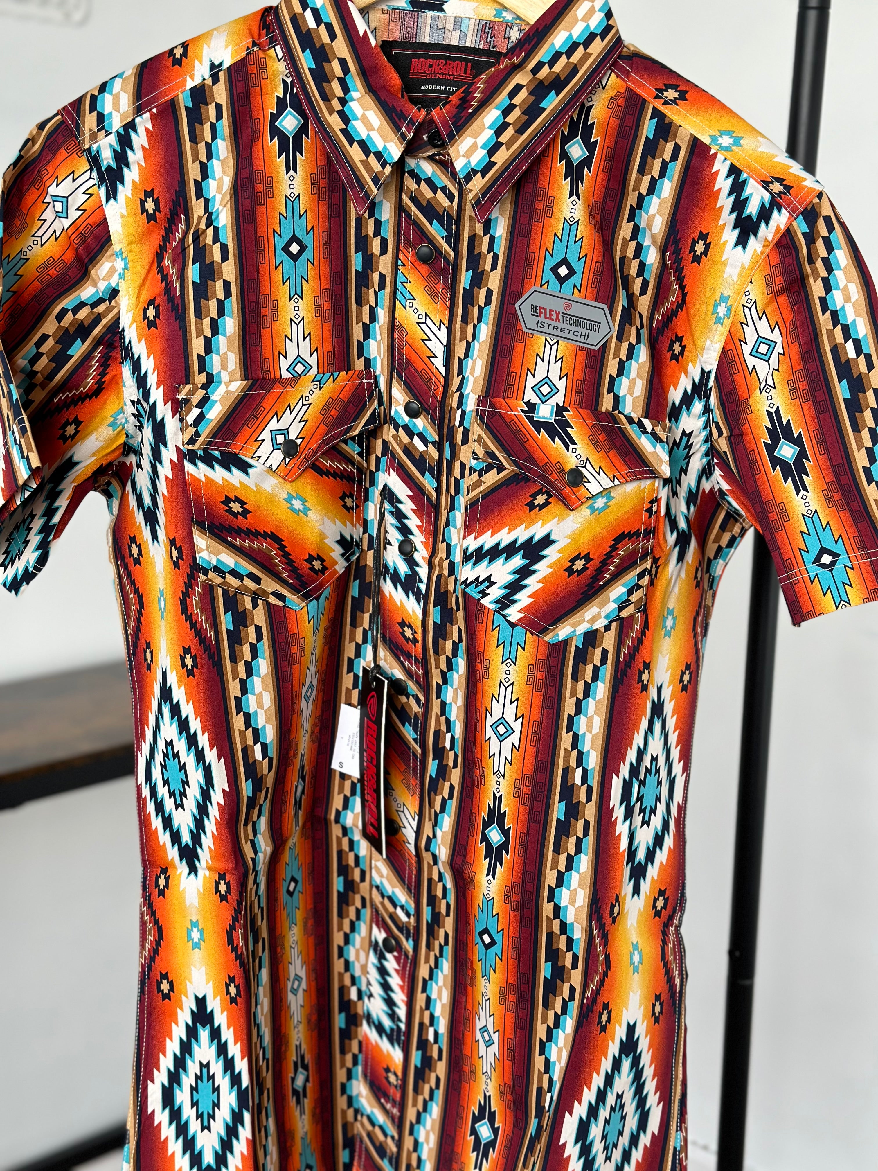 ROCK&ROLL ORANGE AZTEC SNAP SHORT SLEEVE SHIRT