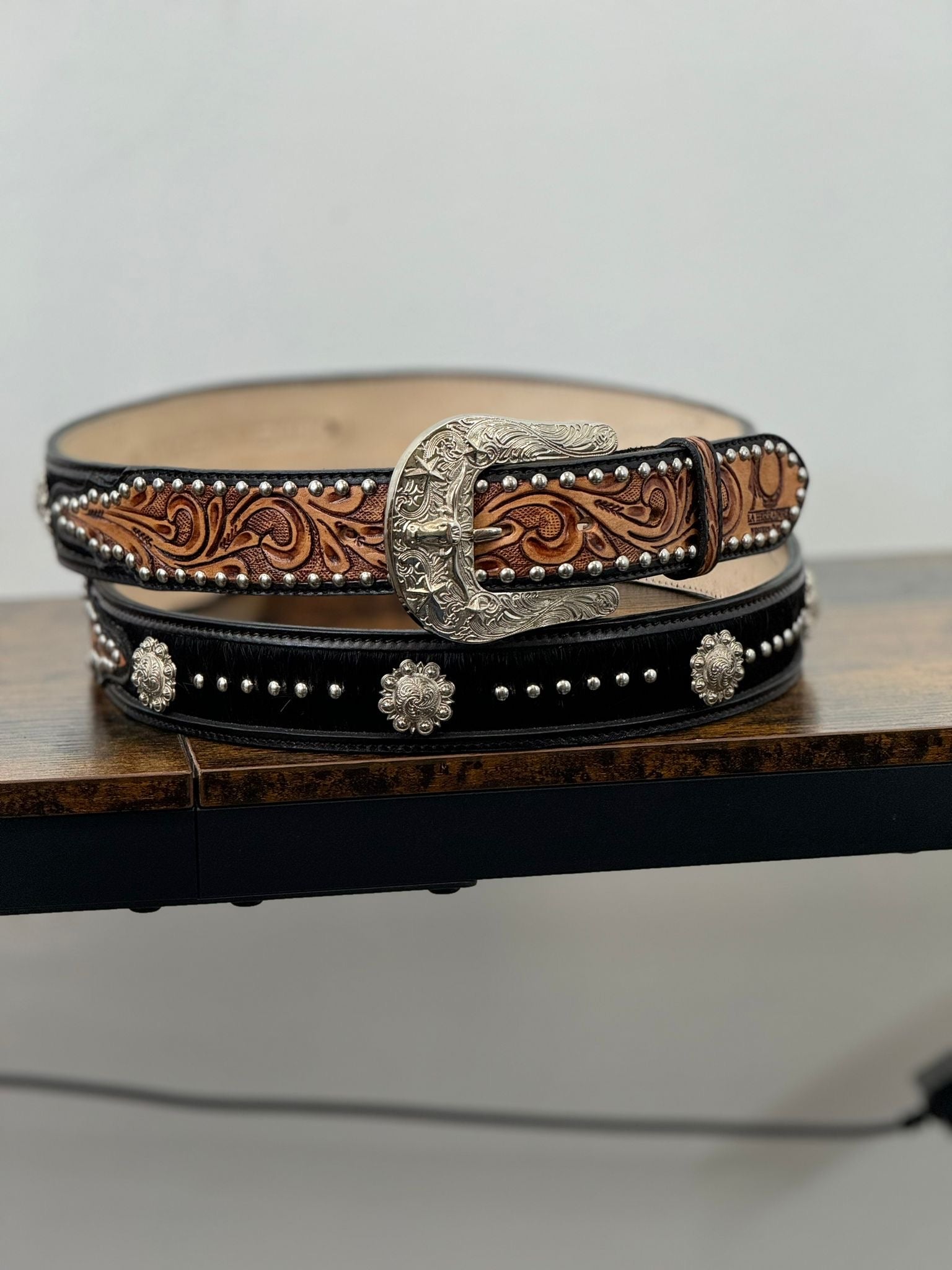 UNISEX HANDTOOLED ALL BLACK COWHIDE BELT