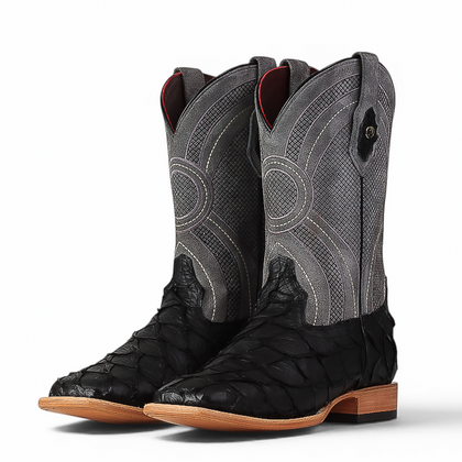 LA HERRADURA LH008 MEN’S BOOTS EXOTIC RANCHERA FISH MATTE BLACK SQ TOE EE
