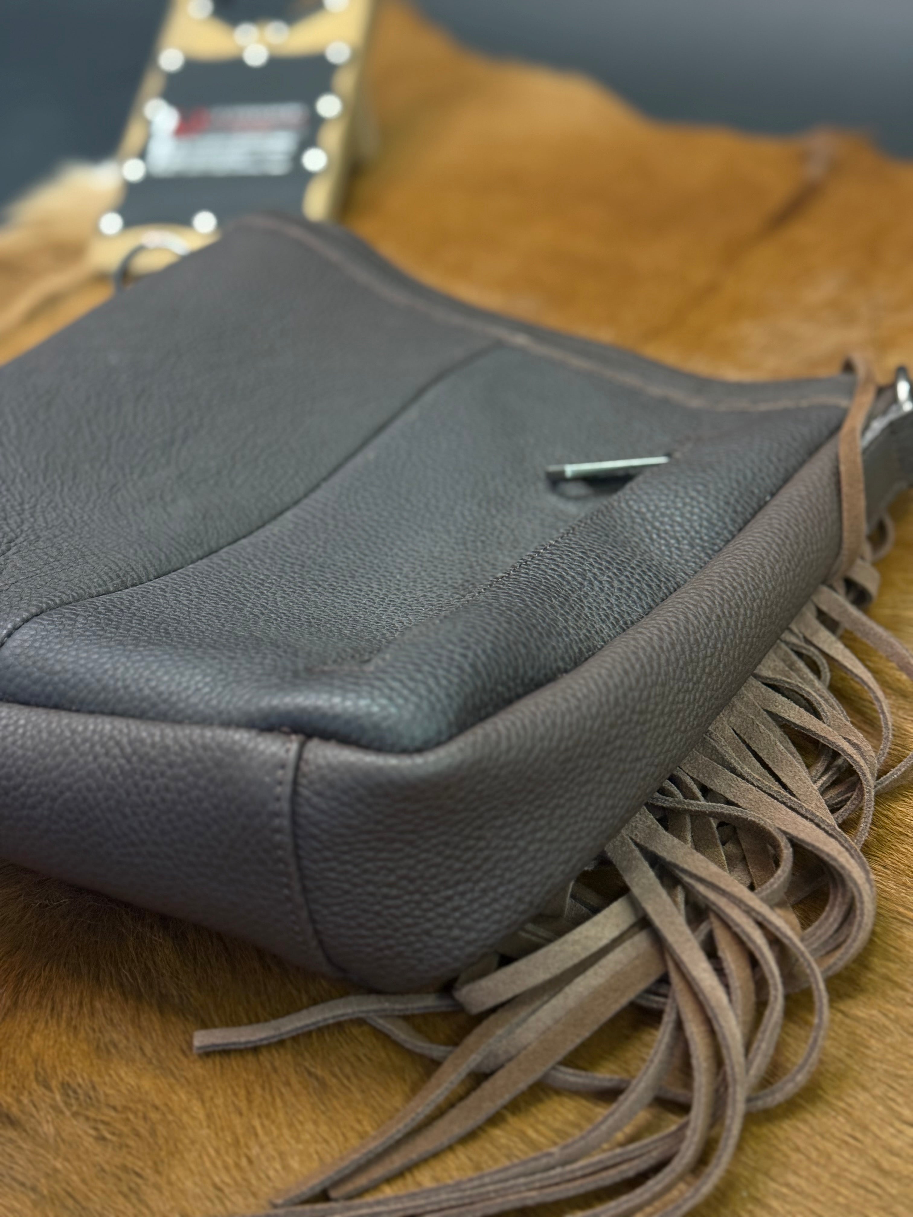 CROSSBODY BAG BROWN HAND TOOLED BLACK & WHITE COWHIDE FRINGE