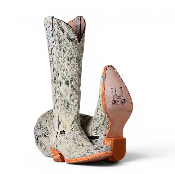A pair of western cowboy boots with a gray and white mottled hair-on-hide upper, shown from the back on a white background. One boot is upright to show the pointed toe and tan pull tab, while the other lies flat to show the sole.