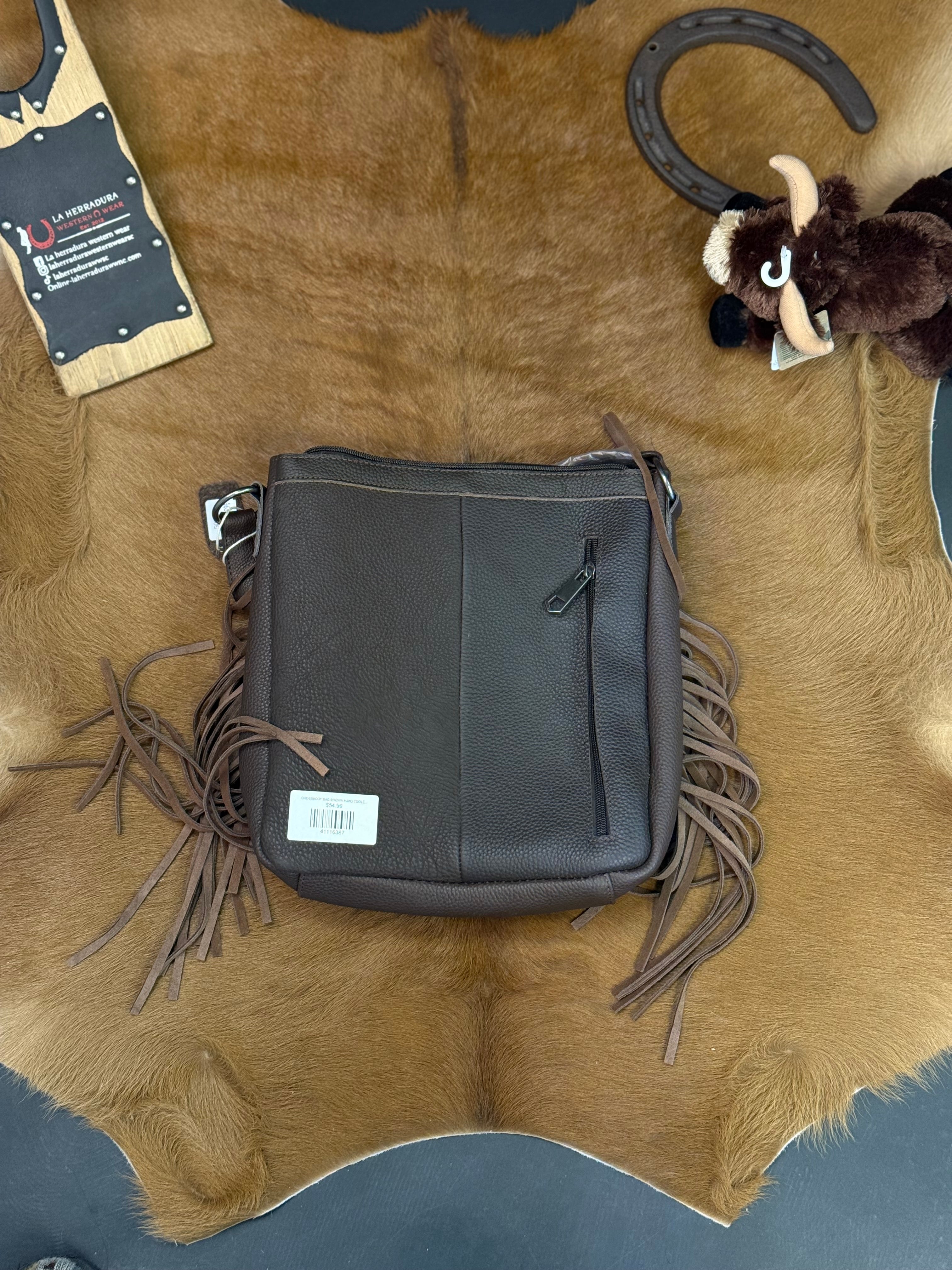 CROSSBODY BAG BROWN HAND TOOLED BLACK & WHITE COWHIDE FRINGE