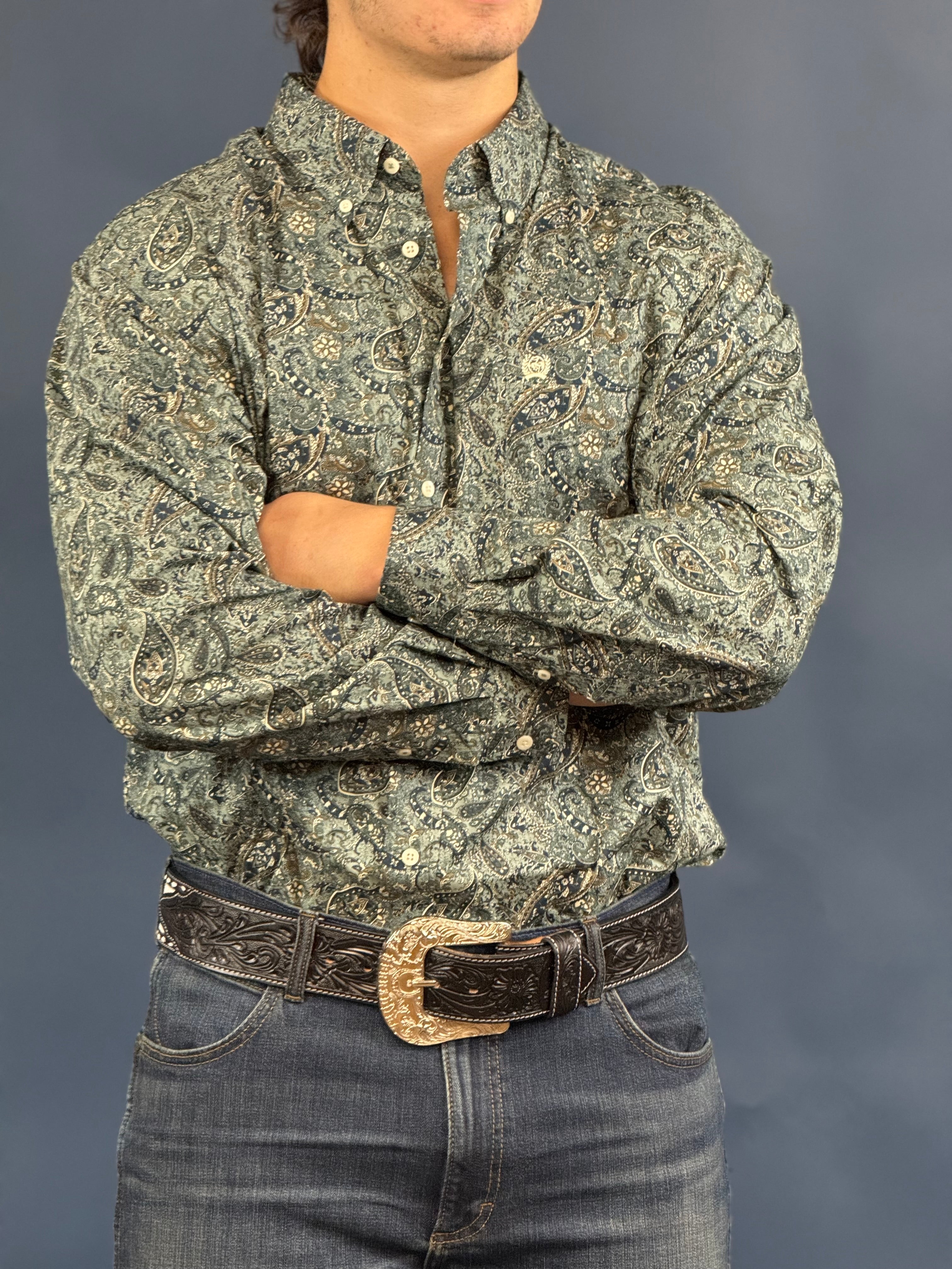 CINCH PAISLEY PRONT BOTTOM DOWN- GREEN LONG SLEEVE SHIRT