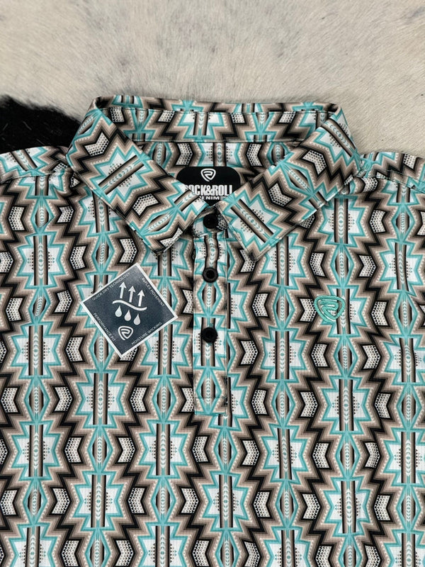ROCK&ROLL MENS TAUPE PRINTED AZTEC POLO SHORT SLEEVE SHIRT