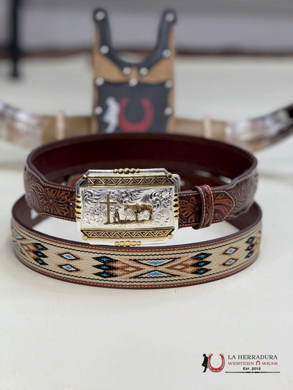 Cinturón 3D estampado azteca beige con azules - D100017708