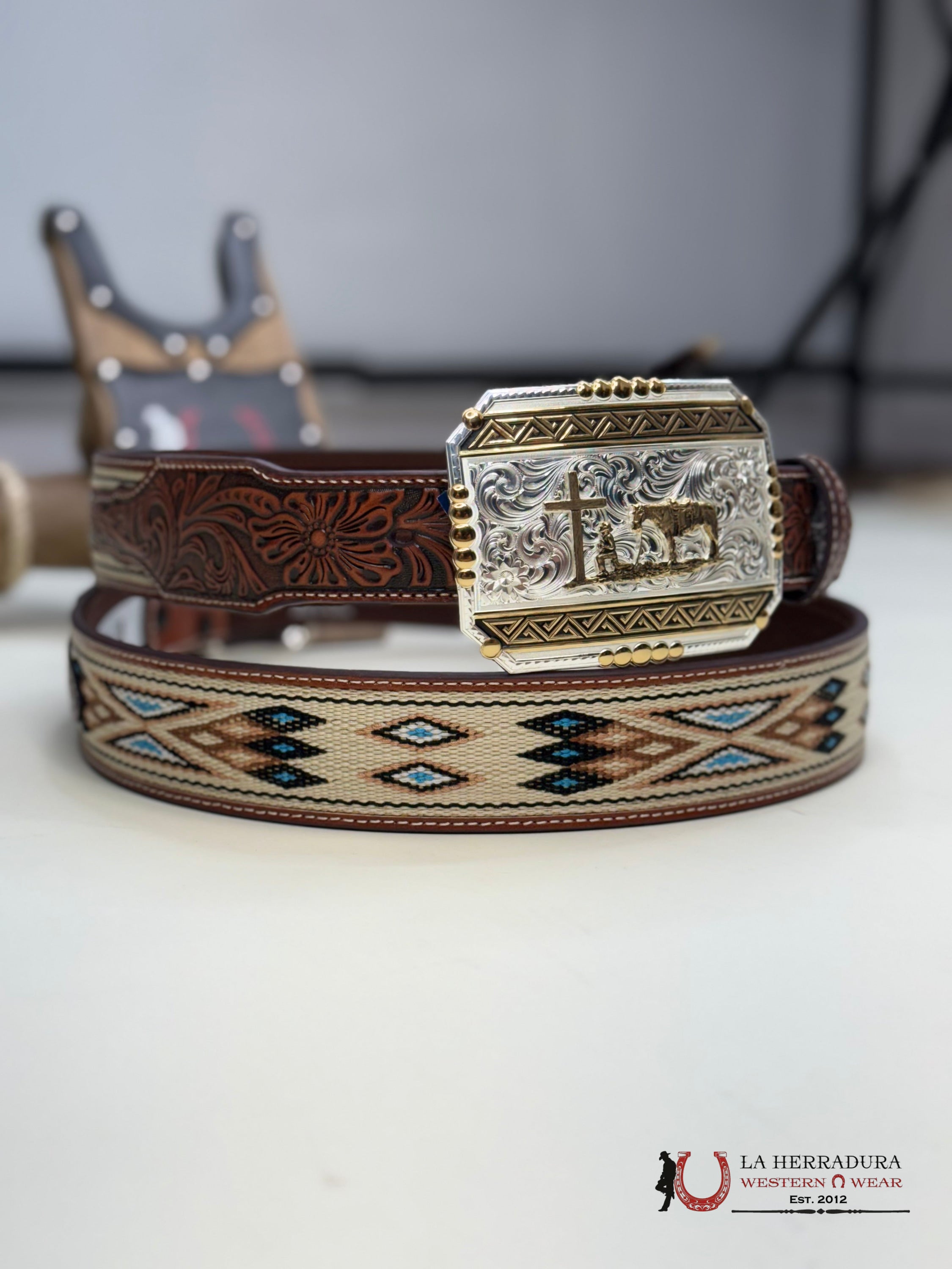 3D Belt Aztec Print Beige With Blue CINTURONES HOMBRES