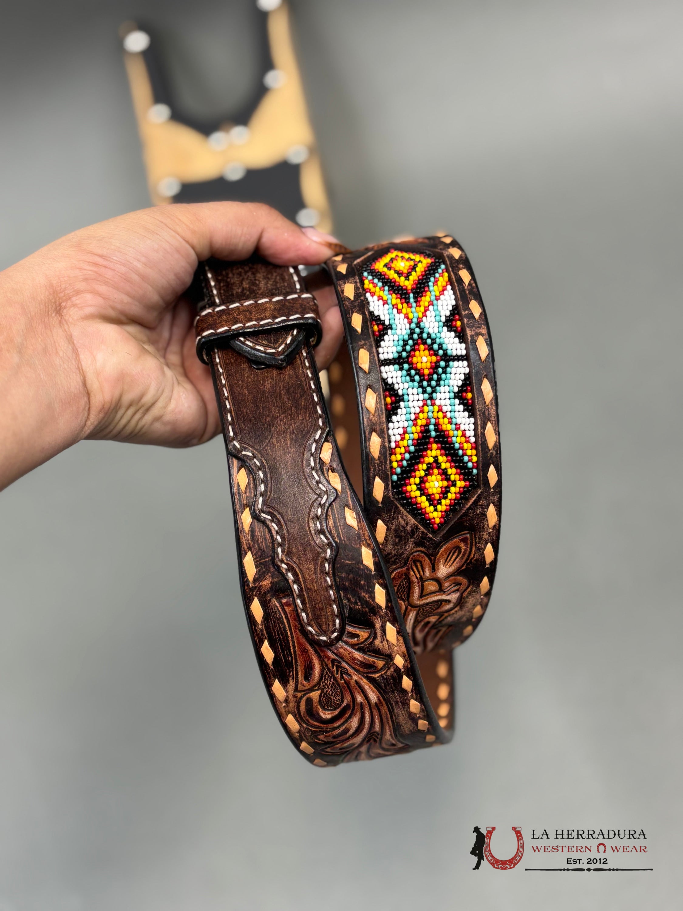 3D Brown Tooled Aztec Beaded Belt Cinturones Hombres