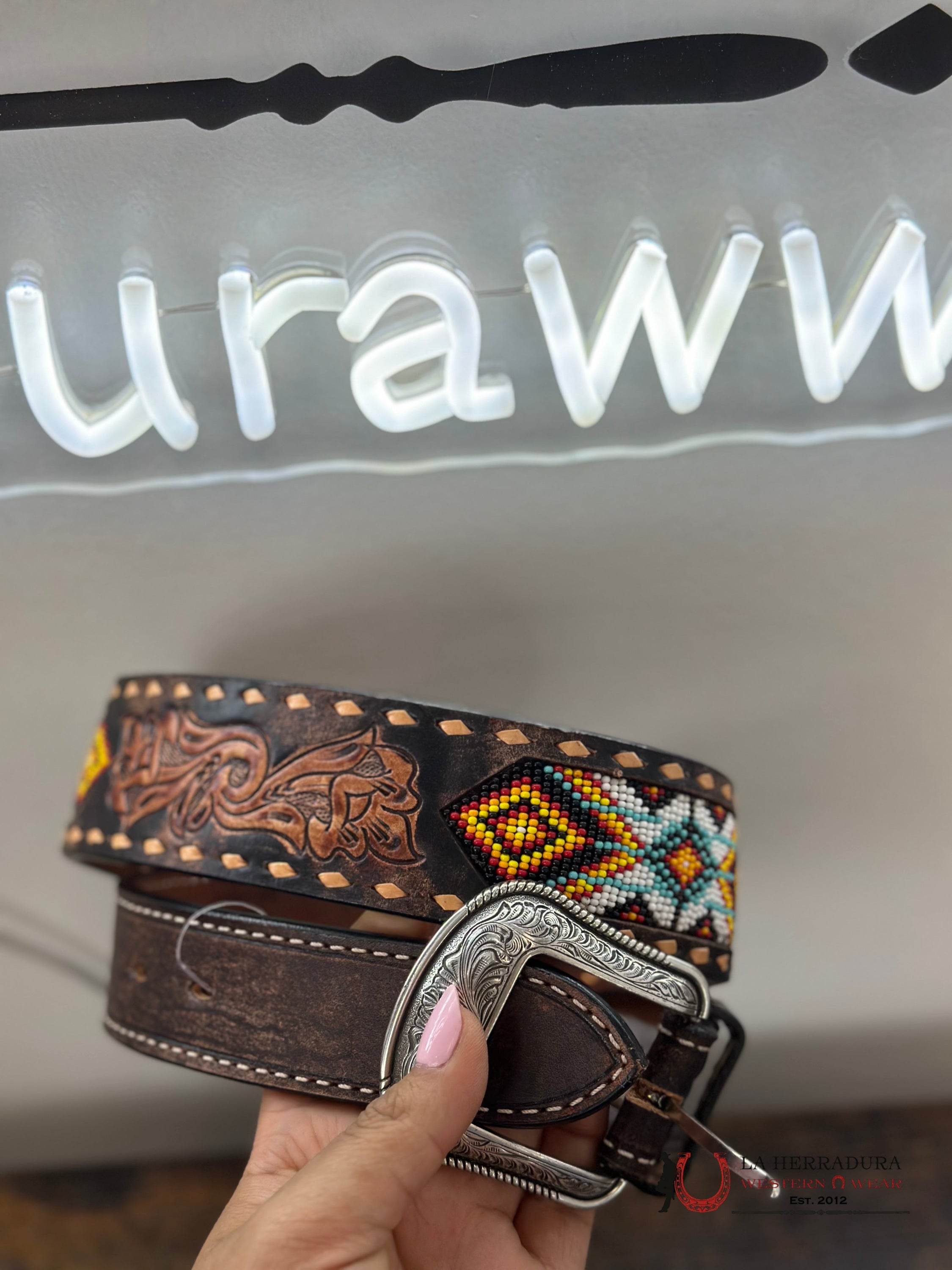 3D Brown Tooled Aztec Beaded Belt Cinturones Hombres