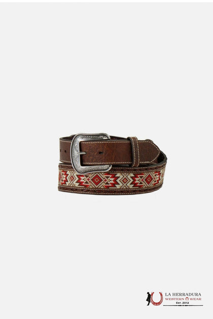 CINTURÓN 3D DE HOMBRE CON ESTAMPADO AZTECA MARRÓN Y ROJO- D100017804