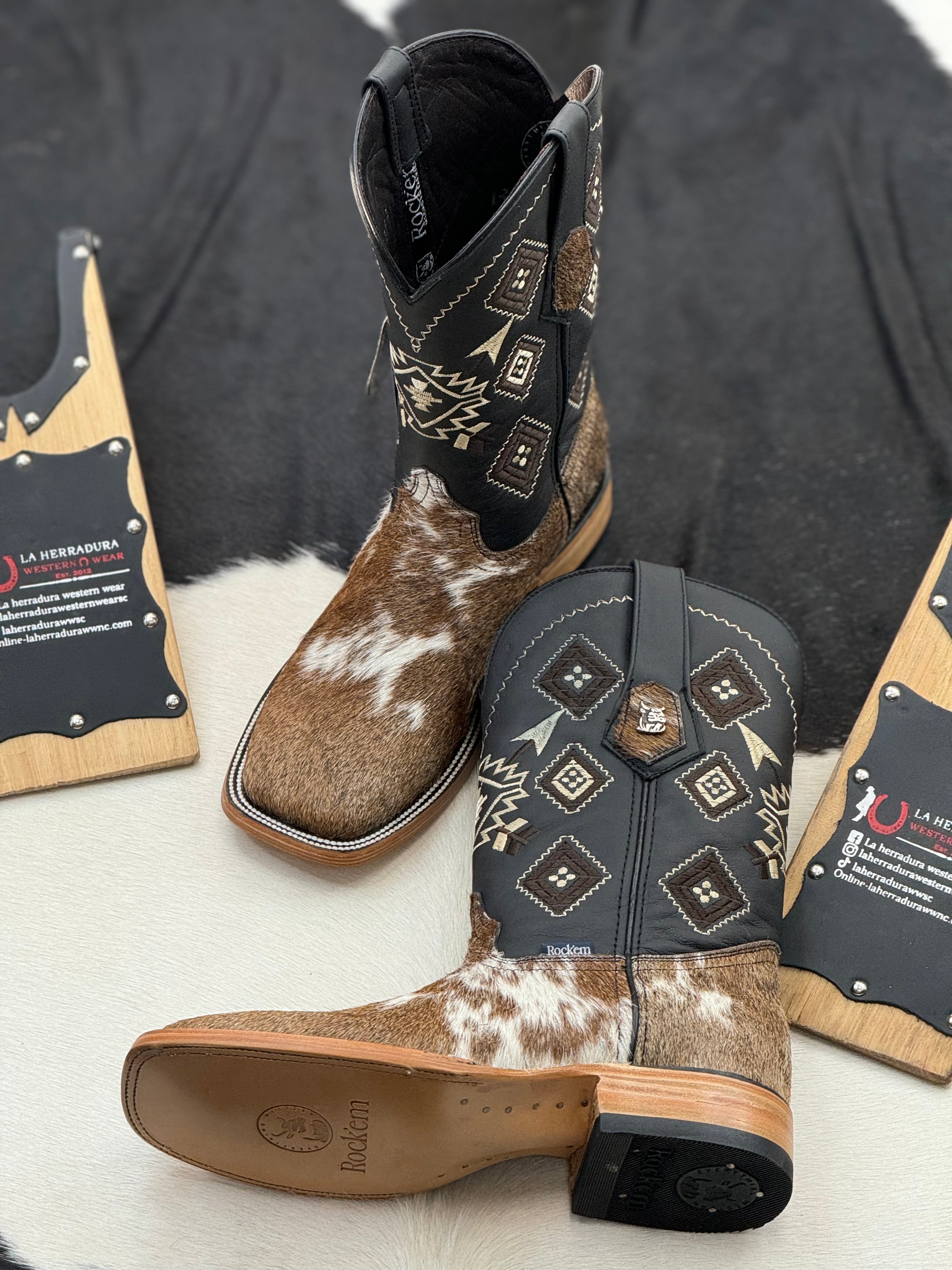 MENS ROCK'EM WHITE & BROWN COW HIDE (EVERY PAIR IS UNIQUE)