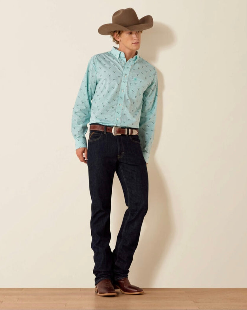 ARIAT MENS CLASSIC FIT WRINKLE FIT TURQUOISE STEER HEAD STRIP - 10073687
