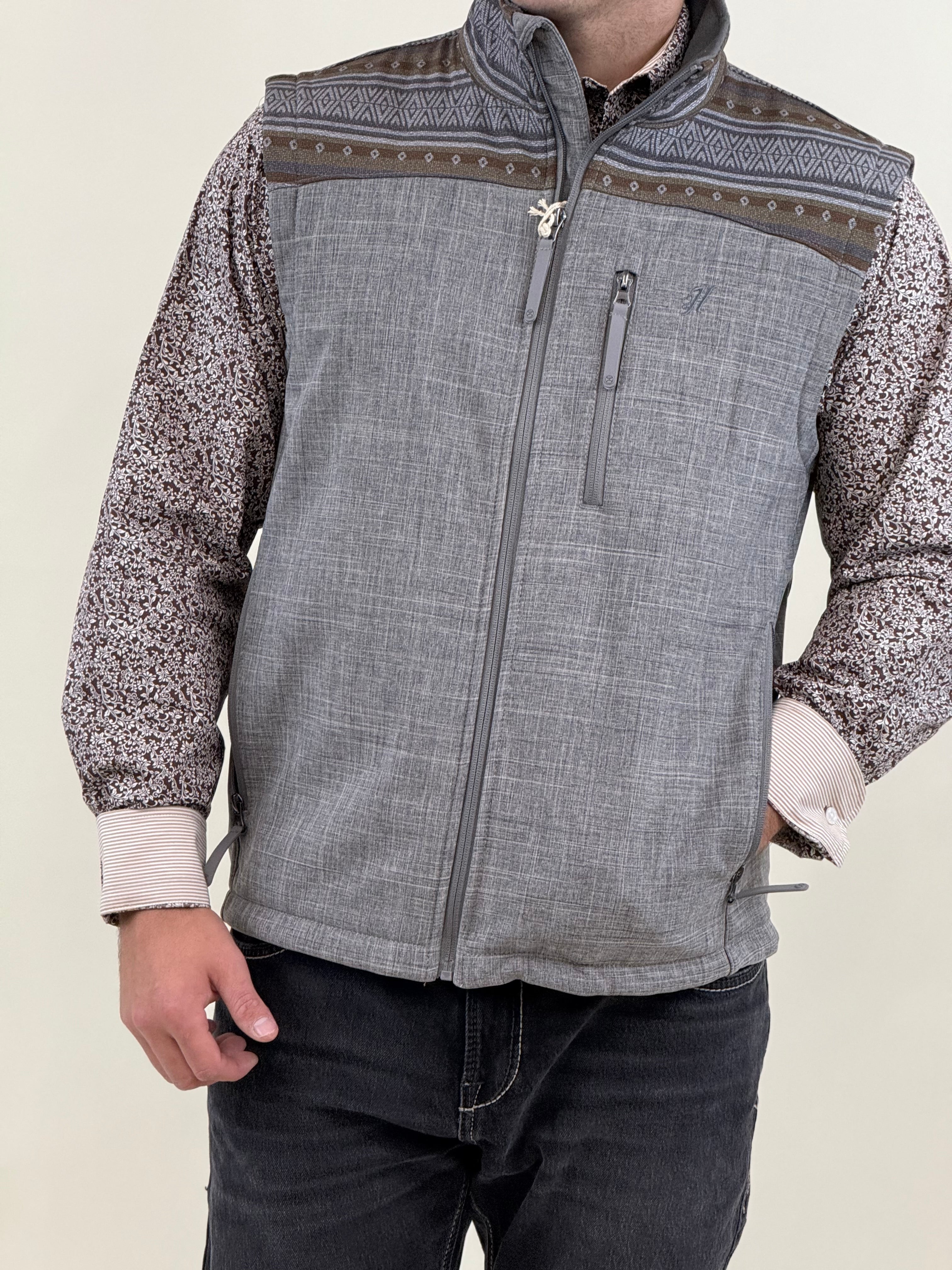 HOOEY MENS SOFTSHELL VEST GREY W/ BROWN & TAN AZTEC