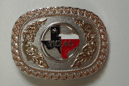 SILVER & ROSE GOLD TEXAS FLAG ROUND BUCKLE