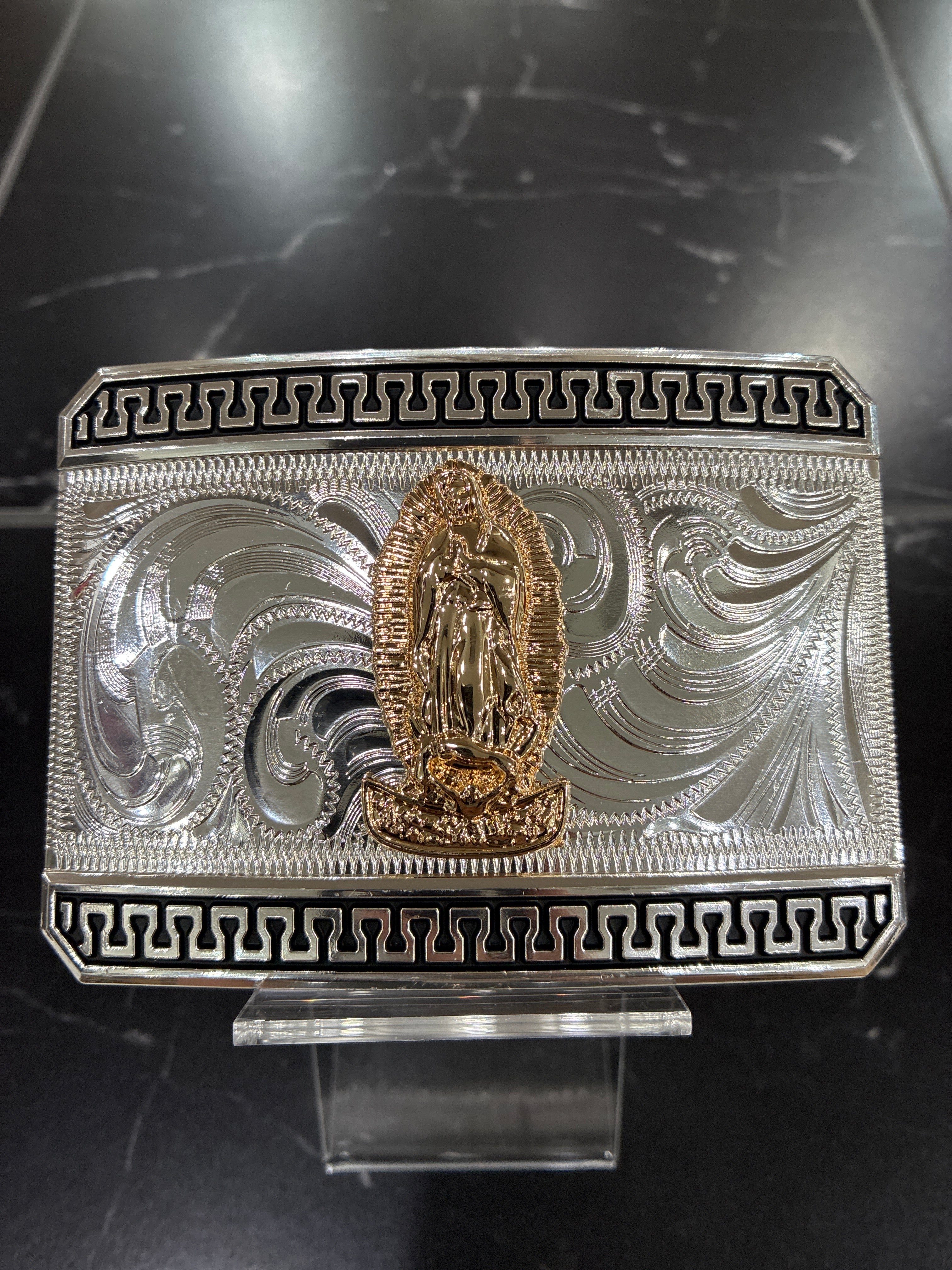 RECTANGLE SILVER BUCKLE WITH GOLD VIRGIN OF GUADALUPE