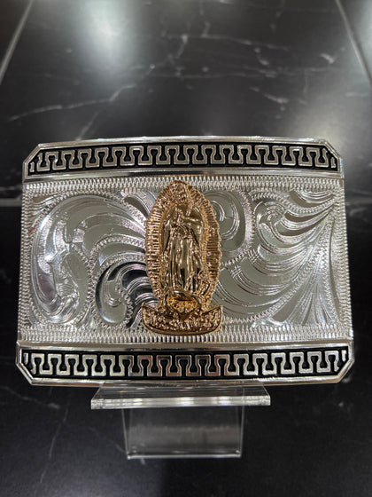 RECTANGLE SILVER BUCKLE WITH GOLD VIRGIN OF GUADALUPE