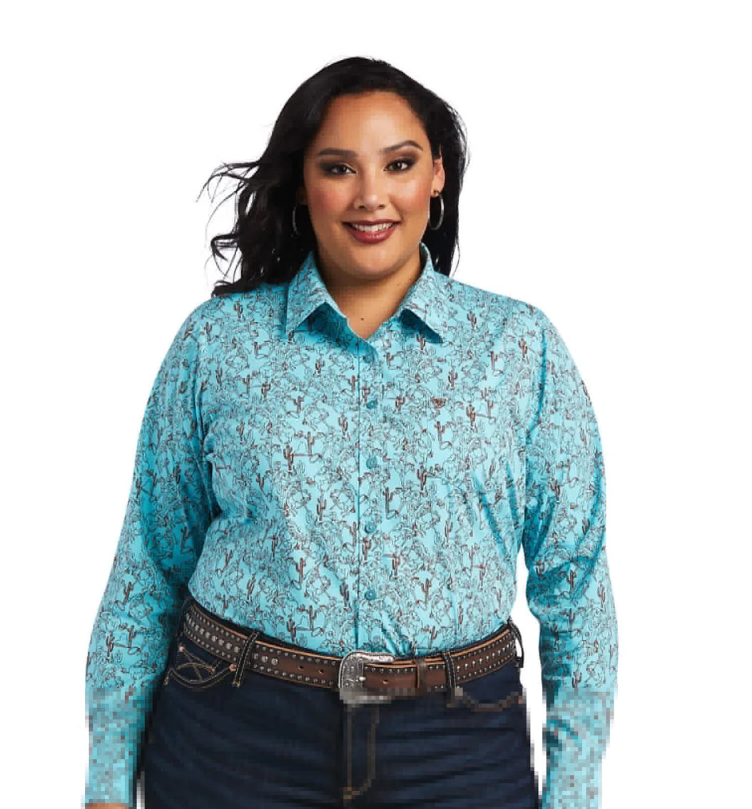 ARIAT WOMENS AMAZONITE BUCKING BRONC PRINT LS SHIRT - 10040582