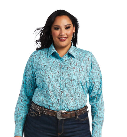 ARIAT WOMENS AMAZONITE BUCKING BRONC PRINT LS SHIRT - 10040582