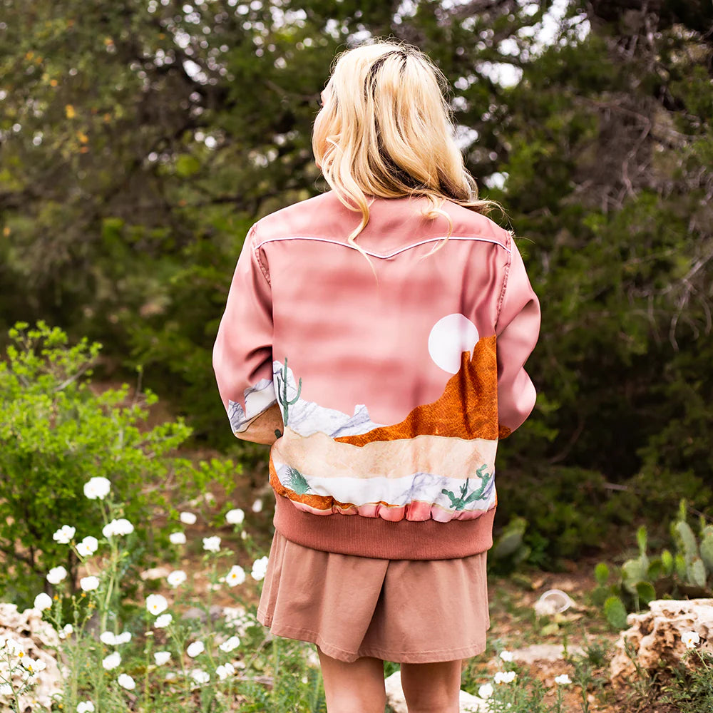 HOOEY LADIES BOMBER JACKET PINK WITH DESERT LANDSCAPE