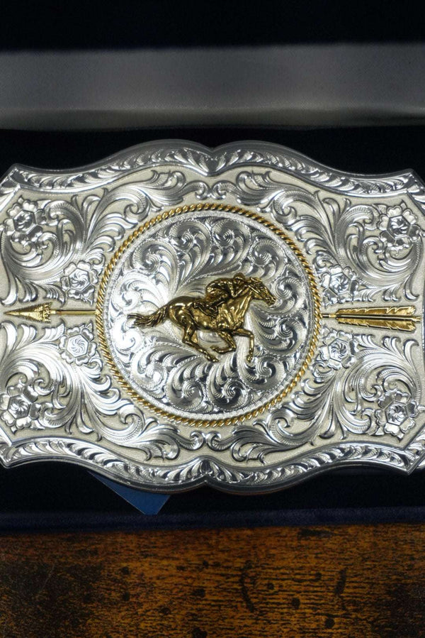 MONTANA SILVERSMITH YOUR ARROW WITH RACEHORSE SILVER BELT BUCKLE