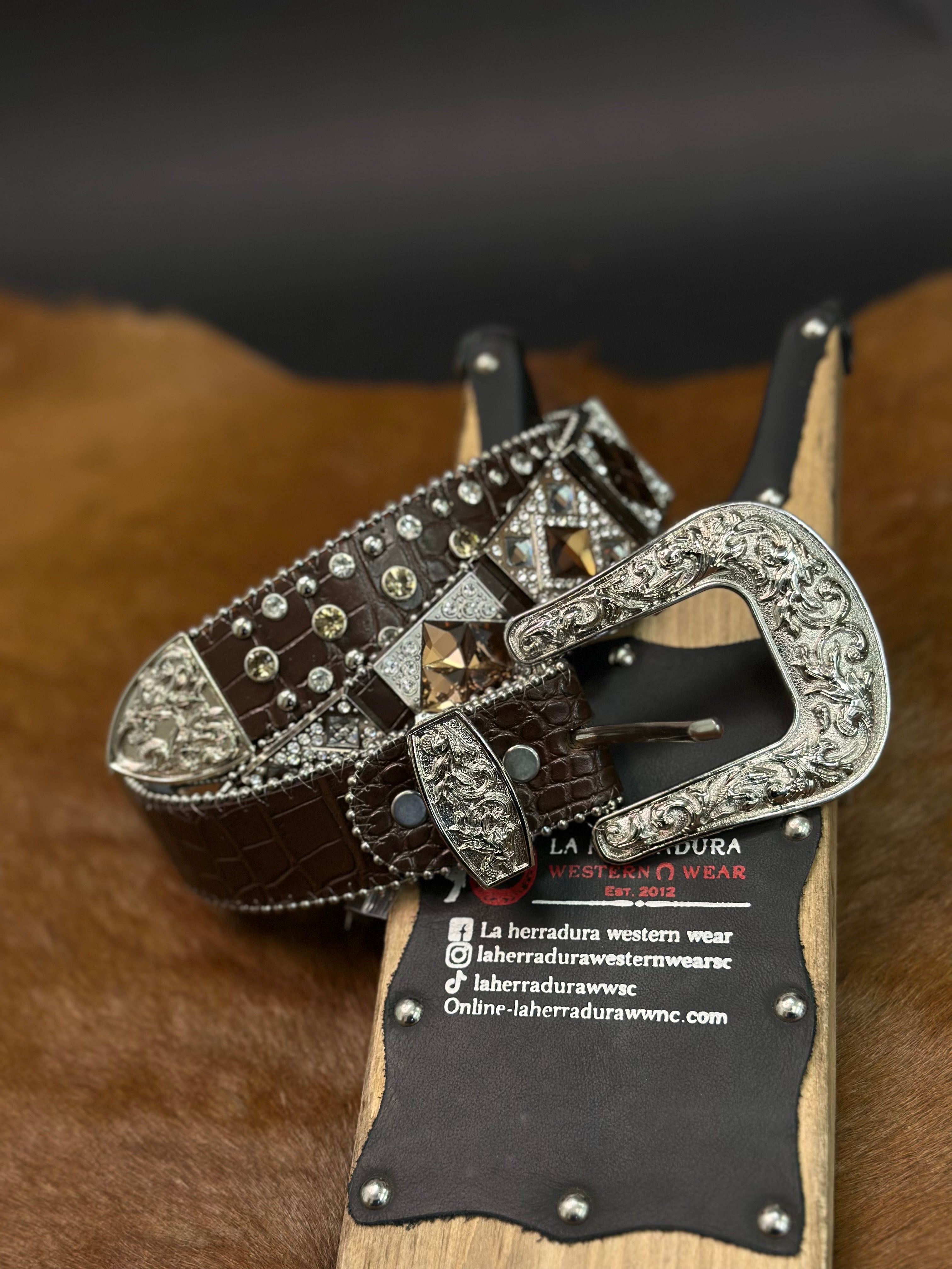 UNISEX BROWN EXOTIC CLEAR BLING BELT SILVER BUCKLE