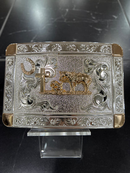SILVER RECTANGLE BUCKLE W/ GOLD PRAYING COWBOY& HORSE SHOE