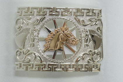 HEBILLA CUADRADA DE CABEZA DE CABALLO DE PLATA Y ORO