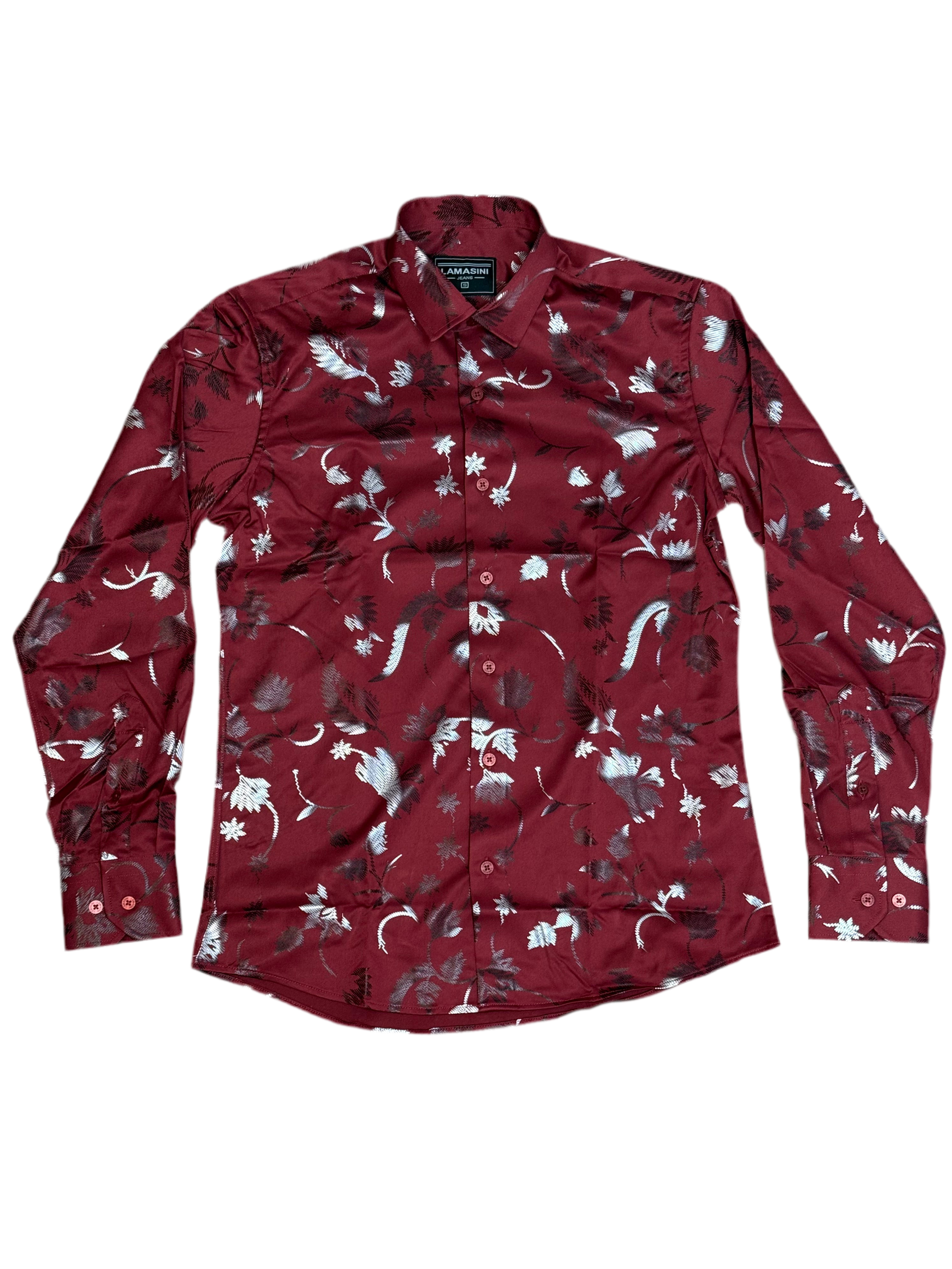 LAMASINI MENS SHIRT MODERN FIT STRETCH FOIL FASHION WINE SHIRT - LAM4477