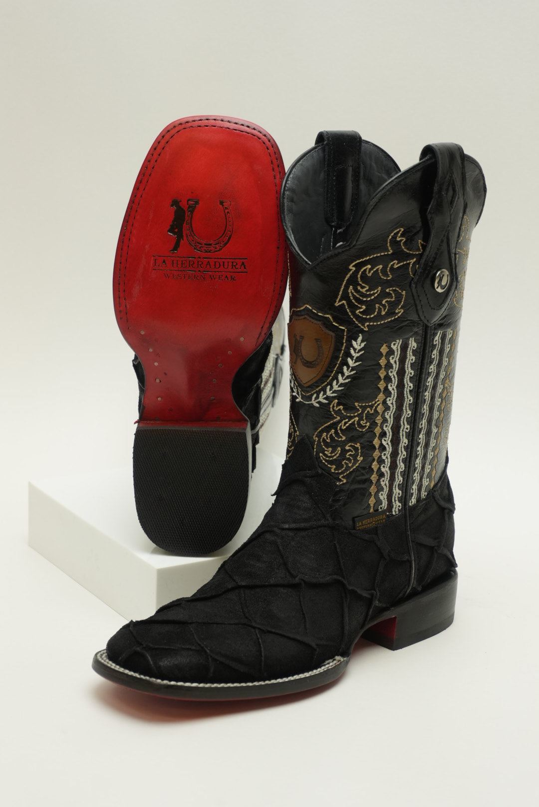 LA HERRADURA MENS DANIEL PIRARUCU DOBLILLADO GAM NEGRO RED BOTTOM SQUARE TOE BOOT