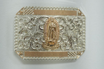 HEBILLA CUADRADA VIRGEN GUADALUPE ORO ROSA PLATA