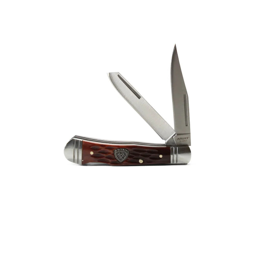 ARIAT LOGO STEEL & BROWN FOLDING KNIFE - A710010902-M