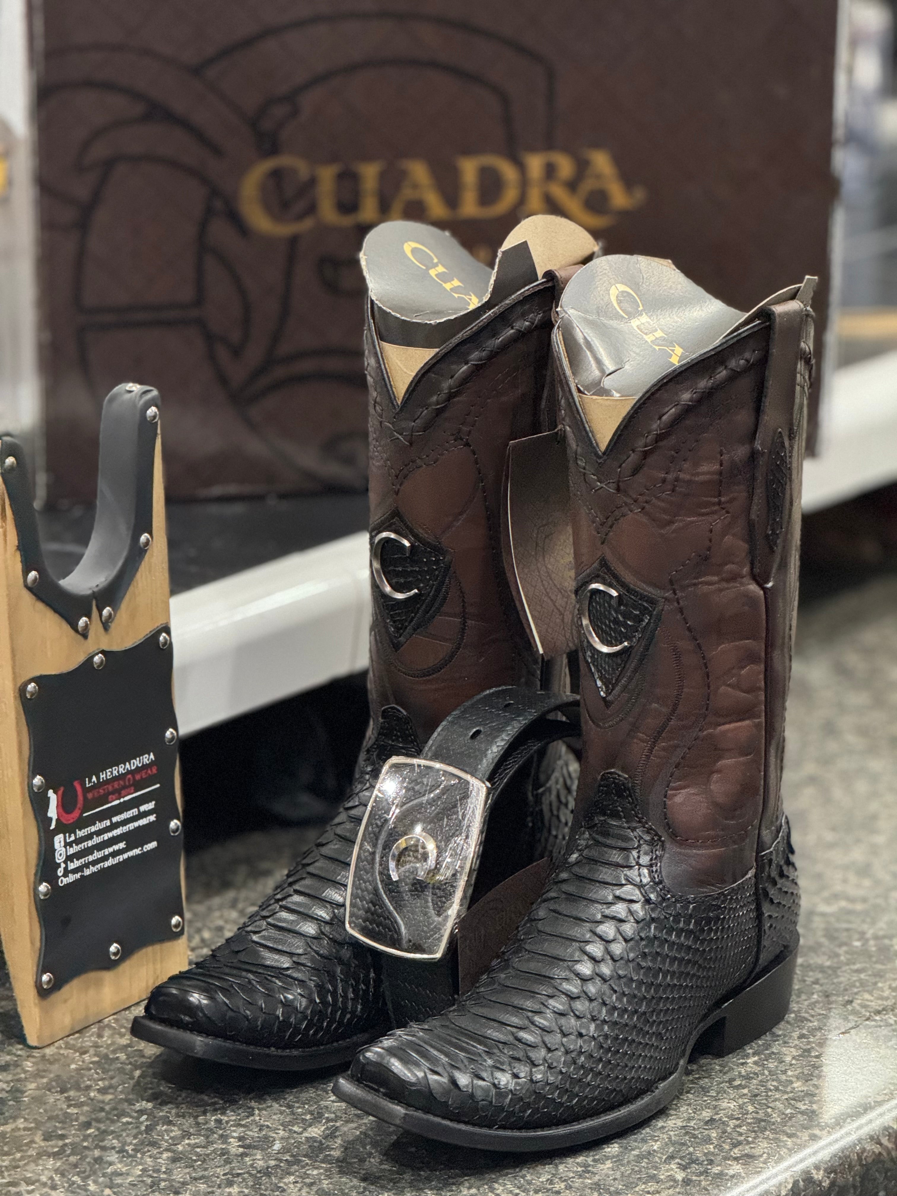 CUADRA BOOTS PYTHON PLUNGE BLACK LASER & EMBROIDERED NARROW SQUARE TOE